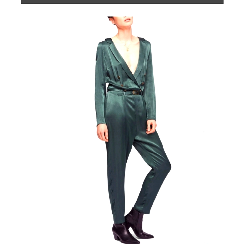 Free People BOHO I am a woman ankle green moss  jumpsuit long sleeves. XS 0 2 - Picture 2 of 15
